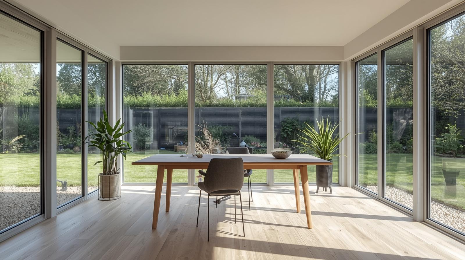 Modern minimalist garden room office interior with Scandinavian style design, large windows providing natural light, and contemporary desk setup in UK home