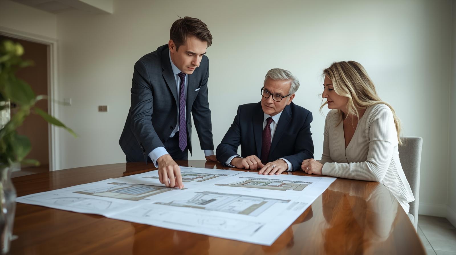 Professional consultant showing garden room plans to homeowner during planning meeting with design documents on table in UK home setting lifestyle photography