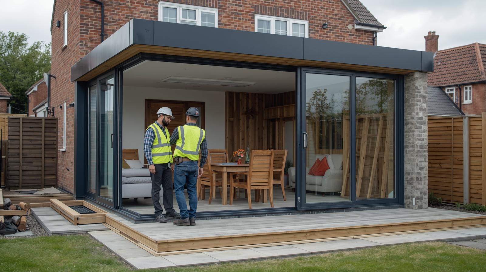 Professional garden room installation team working on site in UK with modern garden room being constructed by experienced construction workers