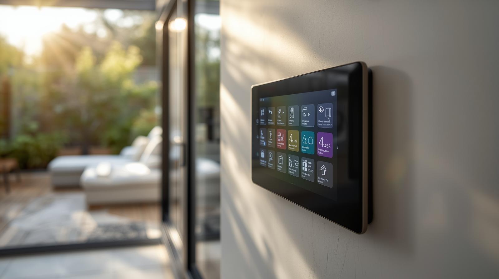 Smart home technology control panel in garden room showing touchscreen interface with modern interior technology in close-up professional product photography