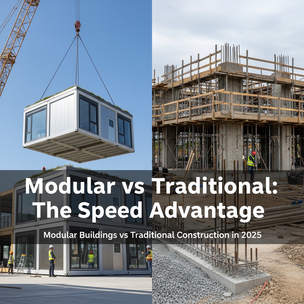 Modular buildings vs traditional construction in 2025 split-screen comparison showing modular office unit and construction materials