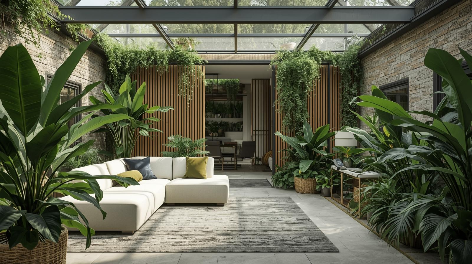 Trendy modern garden room 2025 with biophilic design, natural materials, large plants and sustainable features in contemporary UK architecture