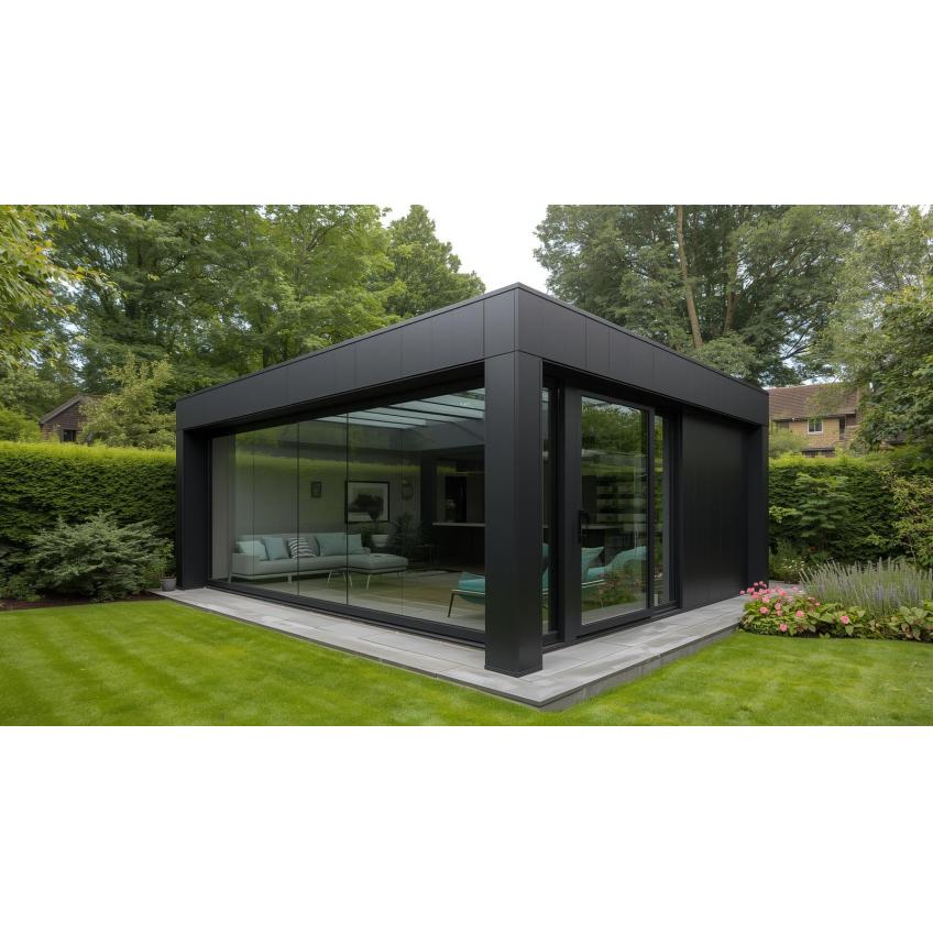 Bold black garden room with dramatic modern architecture and large glazing in a UK residential garden