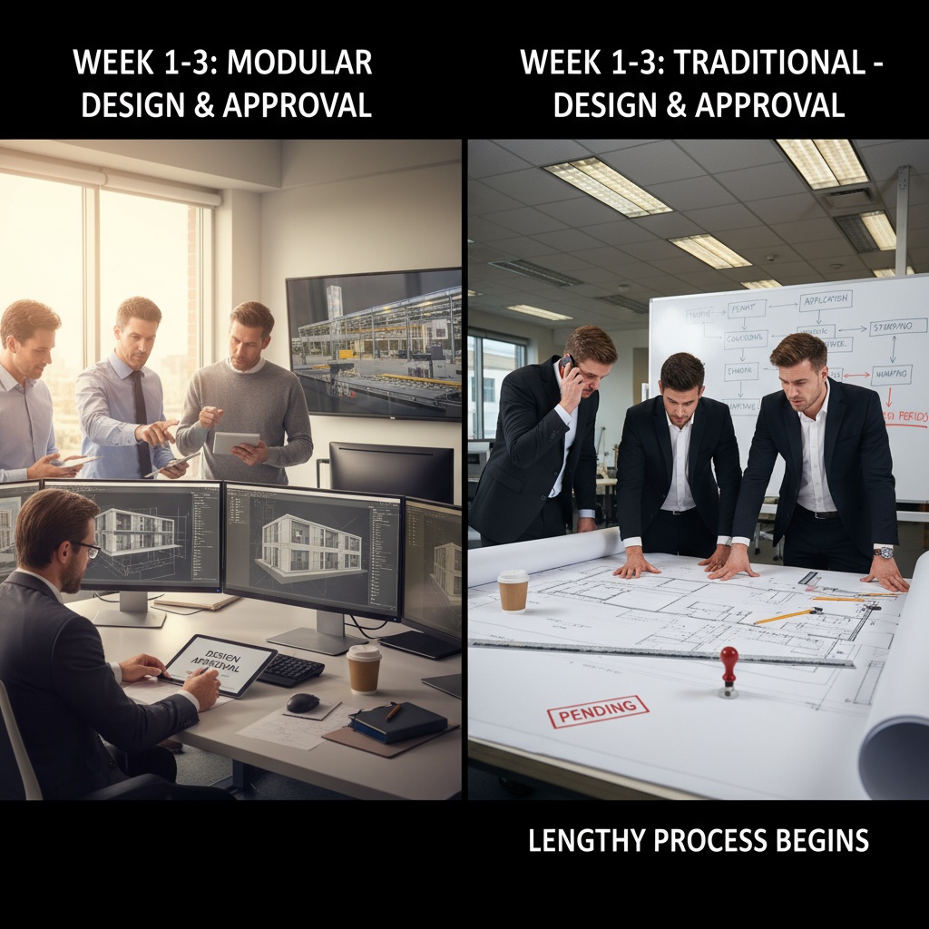 Weeks 1-3 design approval modular fast-tracked vs traditional lengthy process