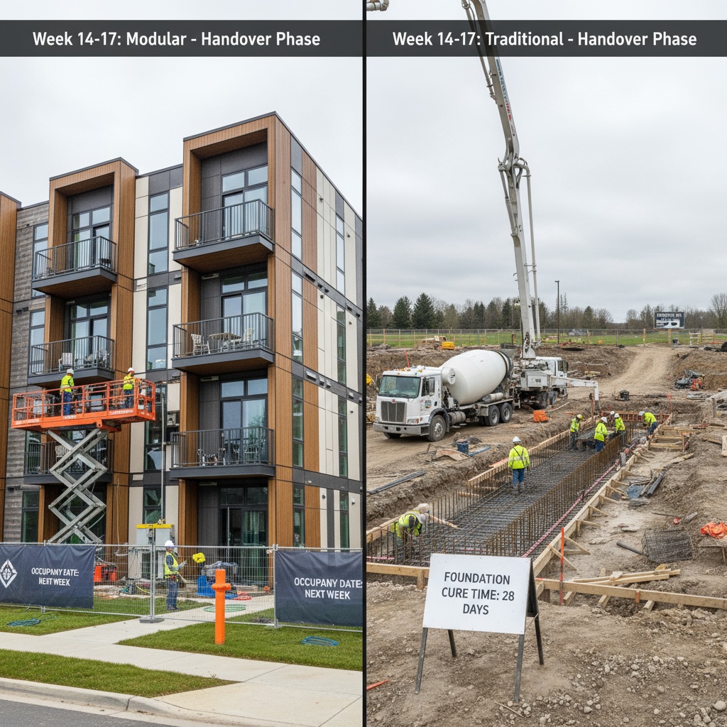 Weeks 14-17 handover modular nearly complete vs traditional mid-foundation