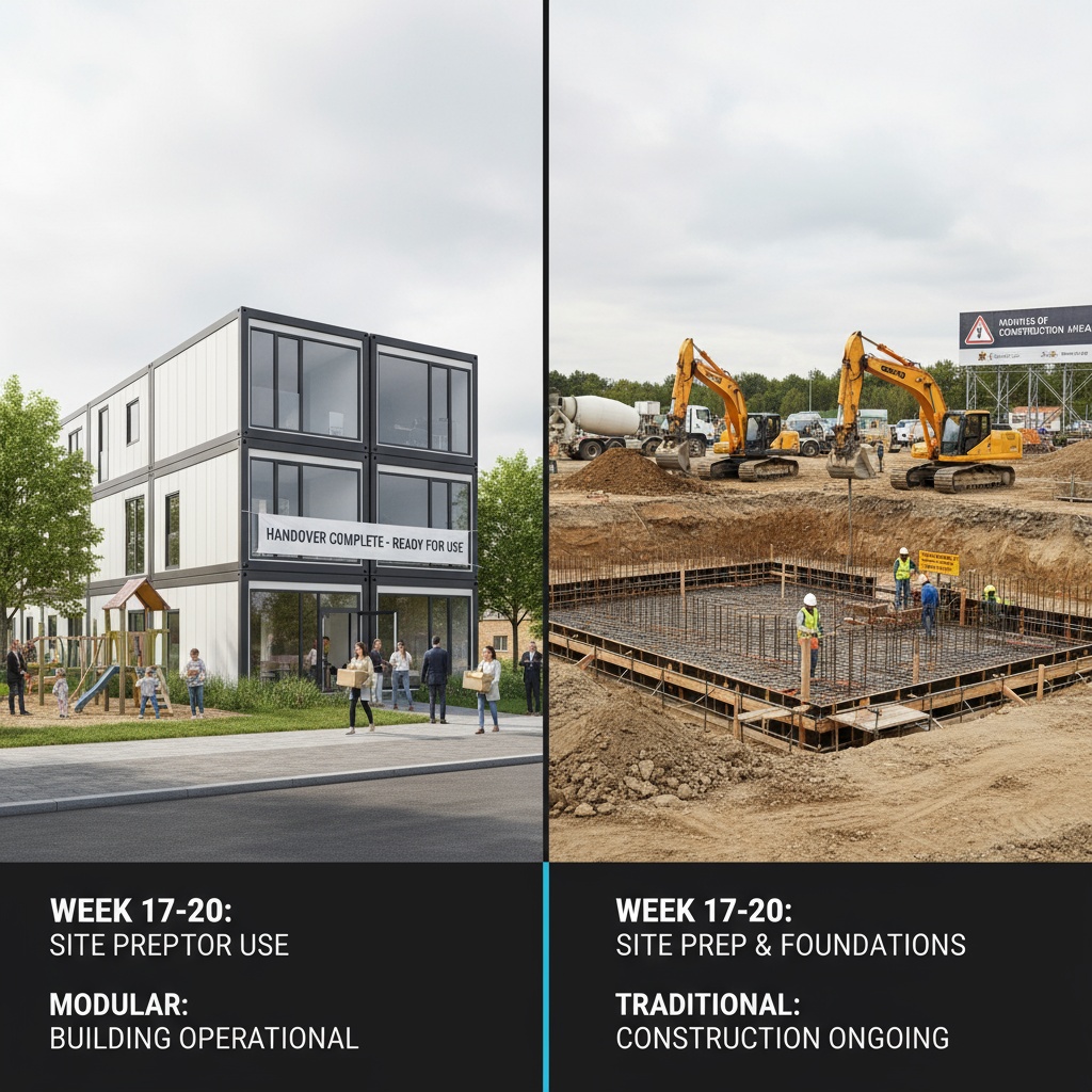 Weeks 17-20 site prep foundations modular operational vs traditional excavation ongoing