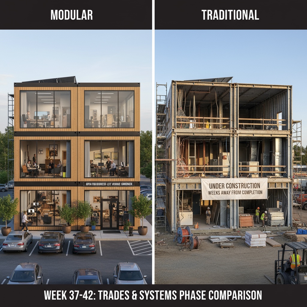 Weeks 37-42 trades systems modular fully operational vs traditional MEP installation