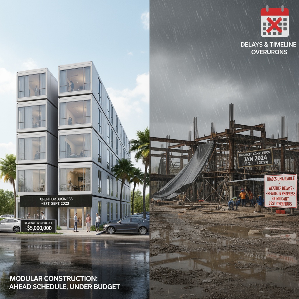 Weeks 47-52 delays overruns modular proven success vs traditional weather delays