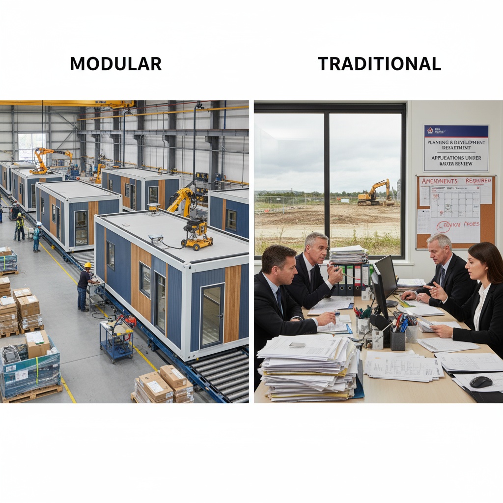 Weeks 5-16 planning permission modular continuing vs traditional bureaucratic delays