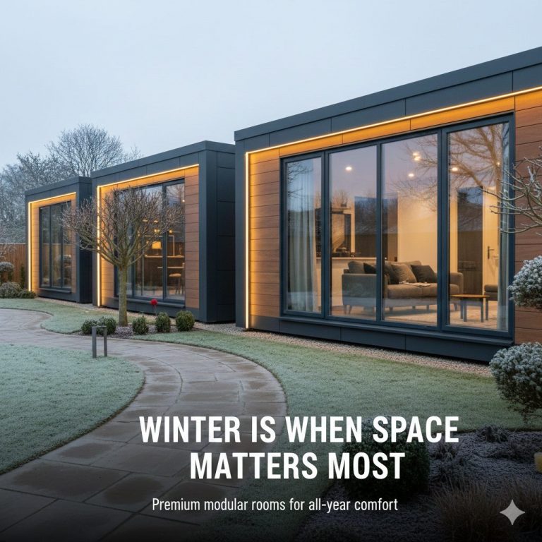Modern premium modular garden rooms with anthracite frames and warm LED lighting on a frosty winter morning, showing landscaped pathways and large floor-to-ceiling windows.