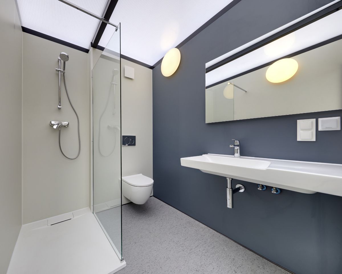 Exterior view of modular sanitary module UK - energy-efficient portable toilet cabin