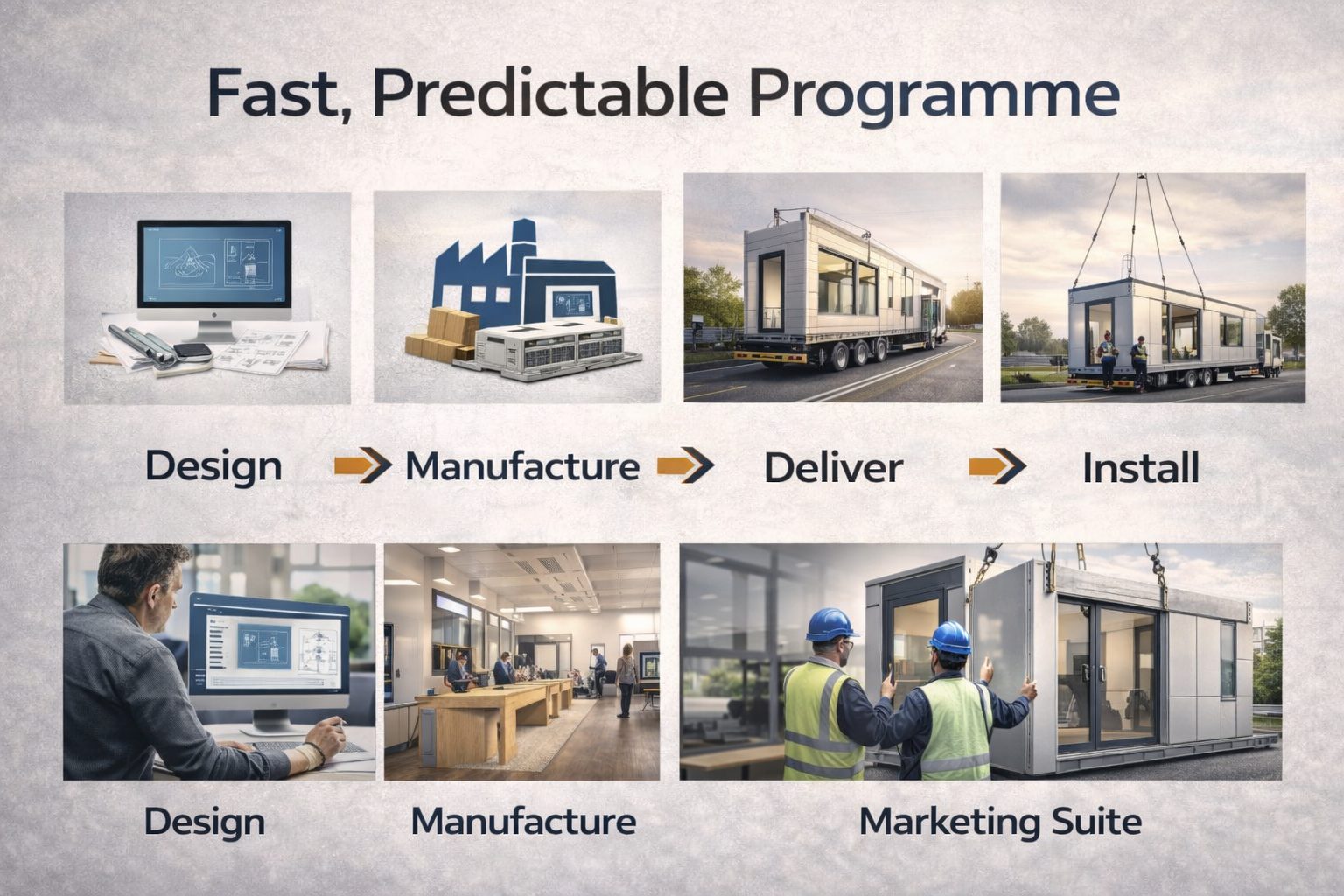 Factory manufacture and installation process for modular office buildings.