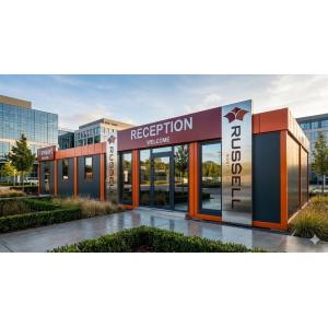 A modern modular reception building with anthracite and orange steel cladding, branded for Russell Roof Tiles, featuring large glazing and a landscaped corporate setting.