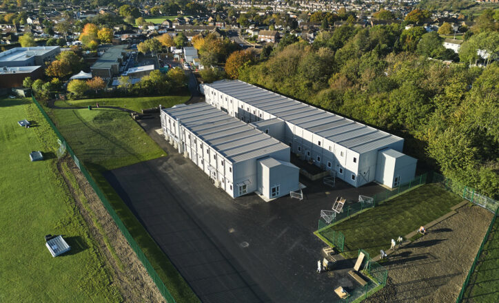 Temporary modular school building positioned within school grounds