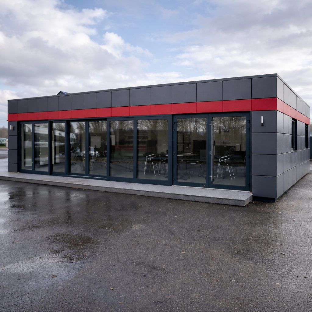 Bespoke modular car dealership sales suite with glass frontage and premium finishes