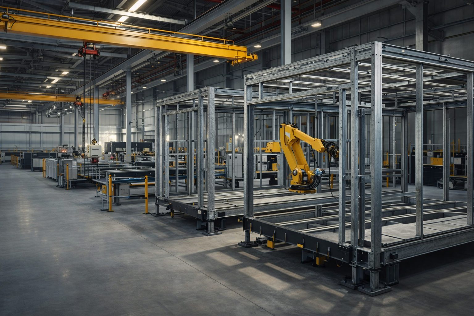 Inside KC Modular Buildings factory showing steel frame assembly line and precision manufacturing