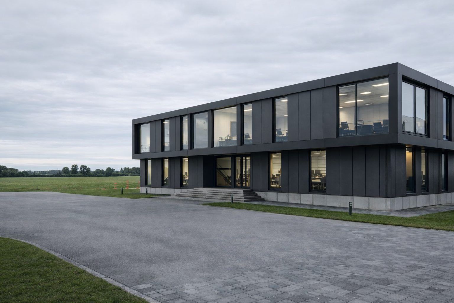Flagship modular office building with steel frame system demonstrating permanent planning-compliant construction