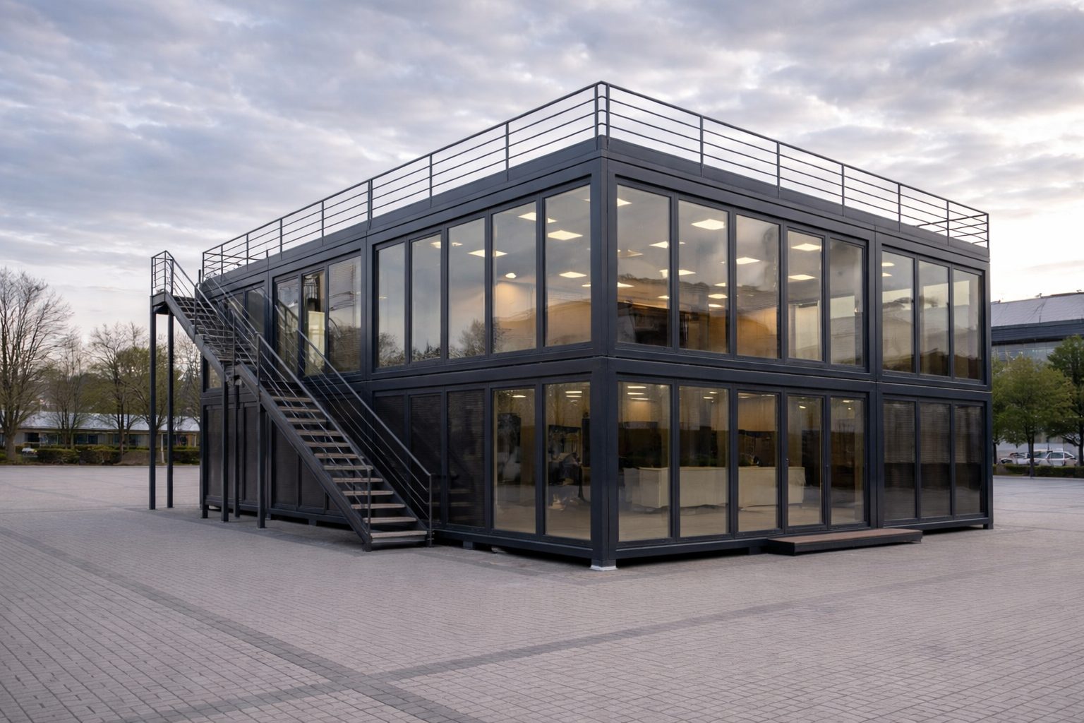 Two-storey stacked ISO frame modular buildings with external steel staircase, demonstrating stackable modular construction capability