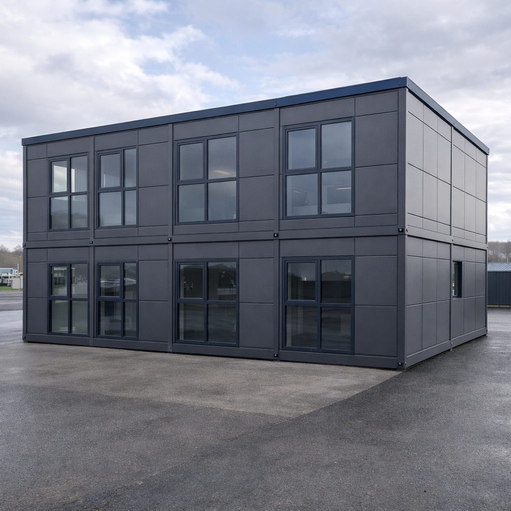 Exterior view of a two-storey modular teaching block with steel staircase, aluminium curtain walling, and flat roof installed at a secondary academy in South East England