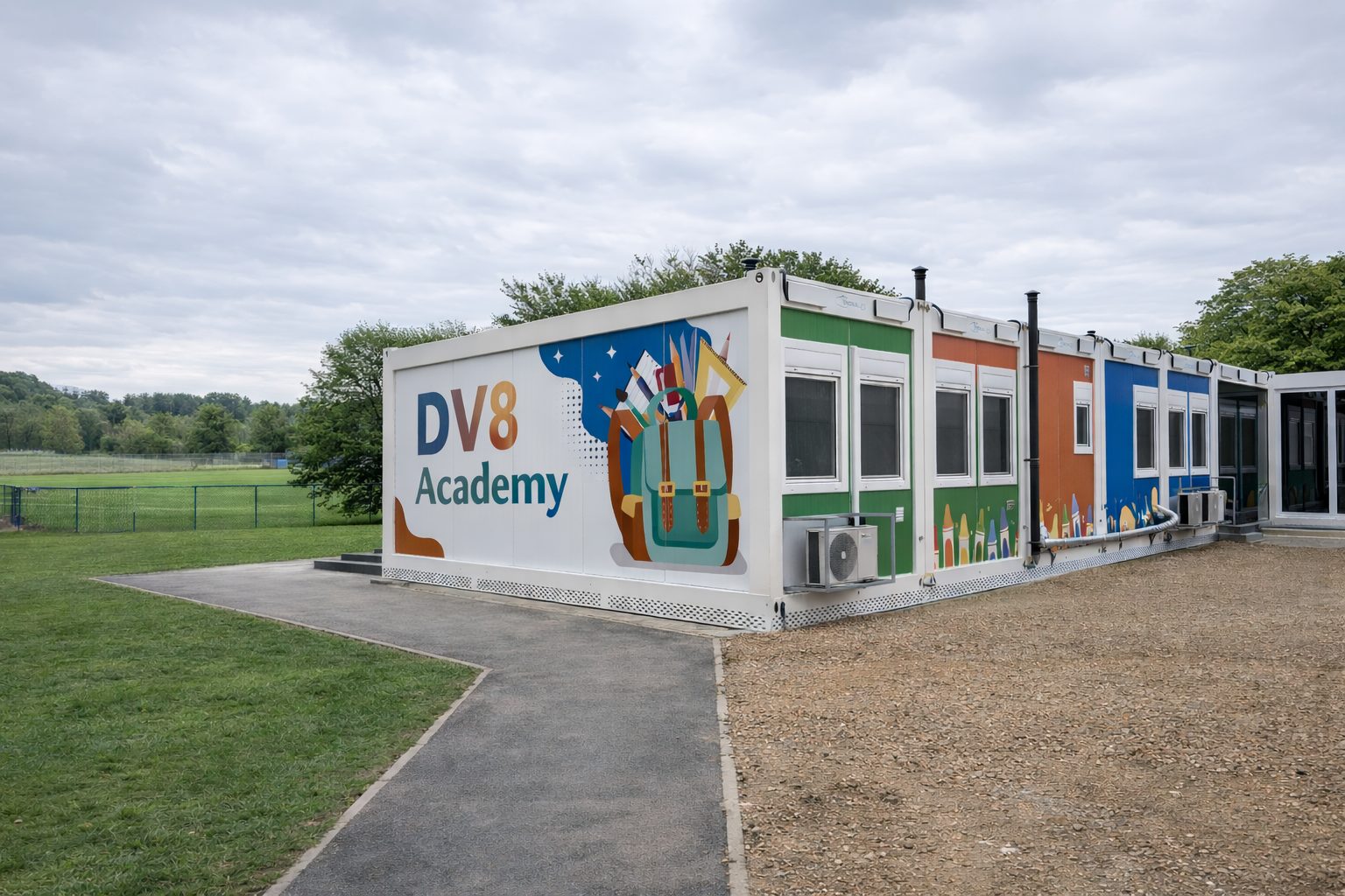 ISO frame modular classroom building positioned on UK school campus with playing field in background and accessible pathway to entrance