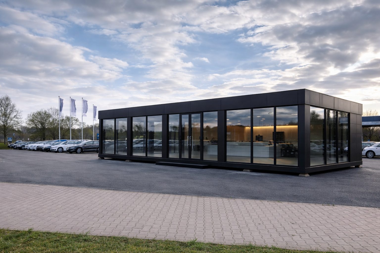 ISO frame modular sales suite building positioned at UK car dealership forecourt with vehicles visible in background