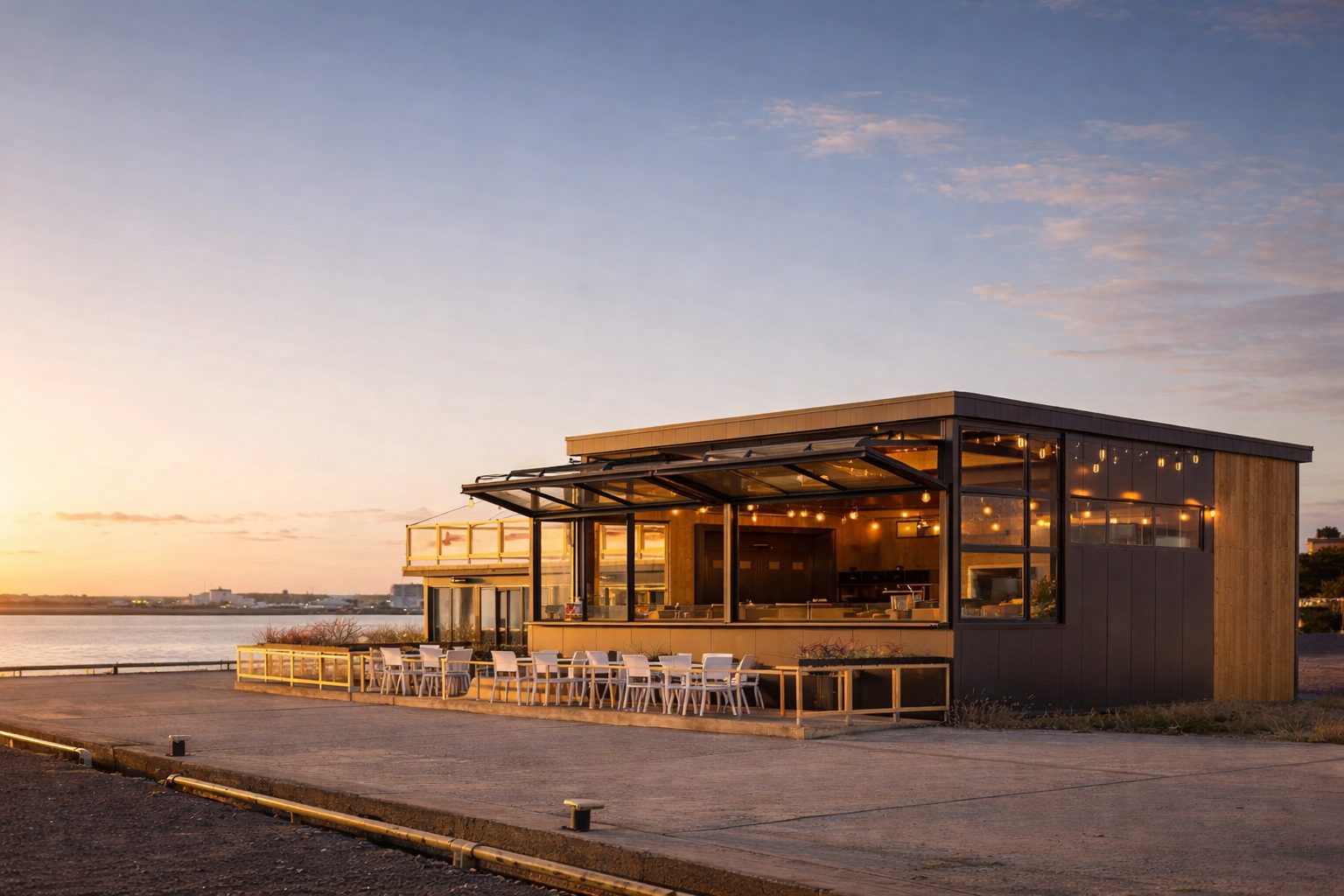 Modular restaurant and café building exterior in the UK with customer seating