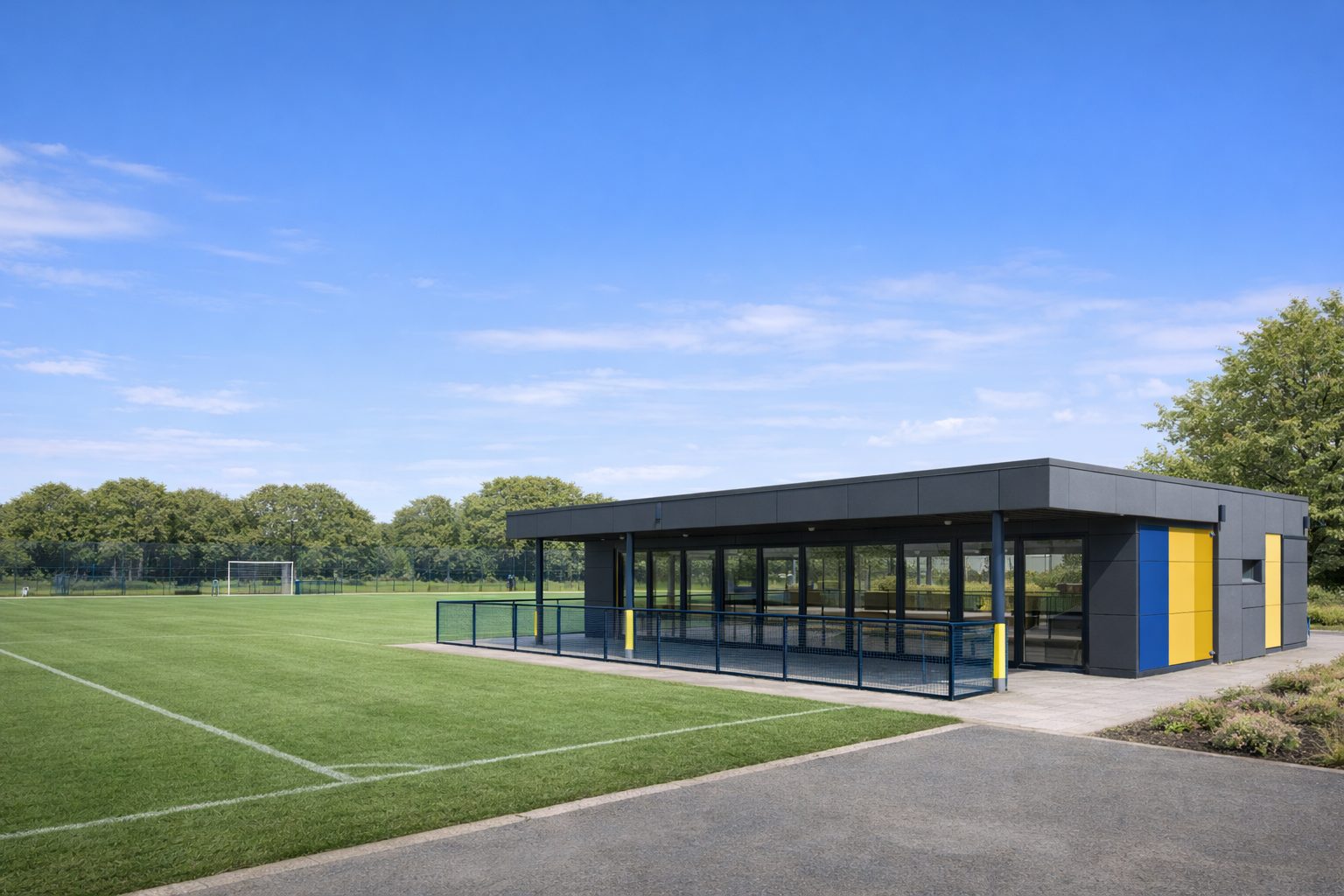 Modular sports club pavilion with changing and welfare facilities in a UK venue setting