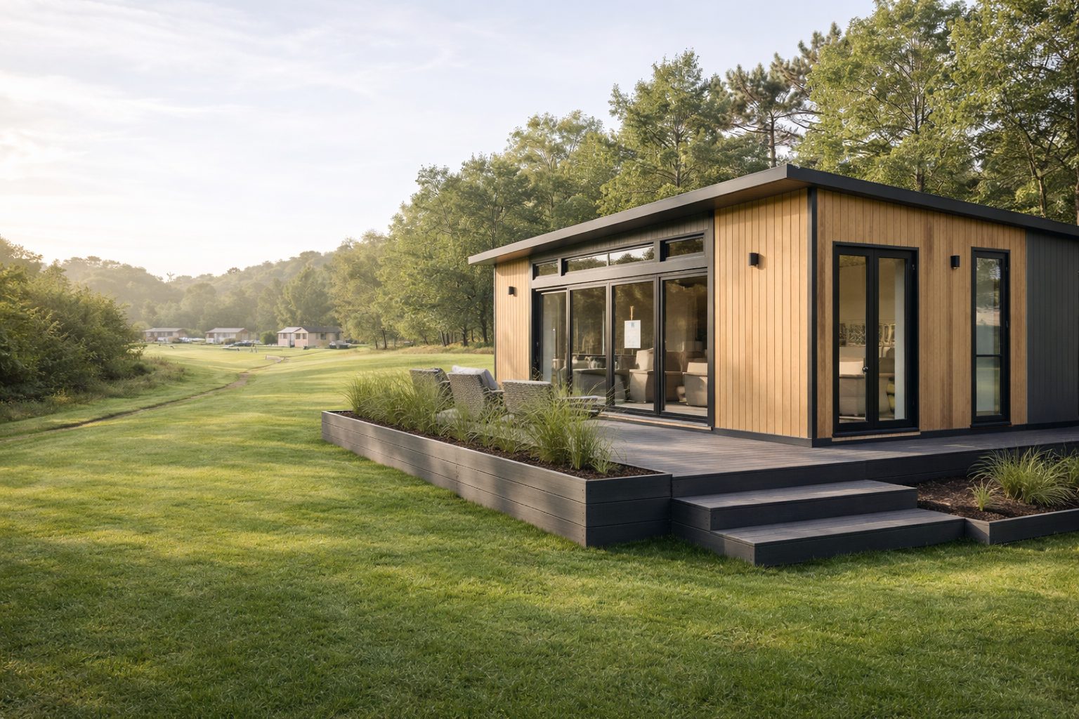 Luxury static caravan lodge with timber cladding and panoramic windows in scenic British countryside