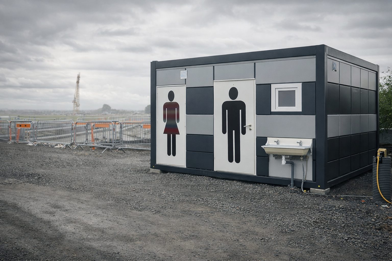 Portable welfare cabin on UK construction site with safety barriers and professional installation