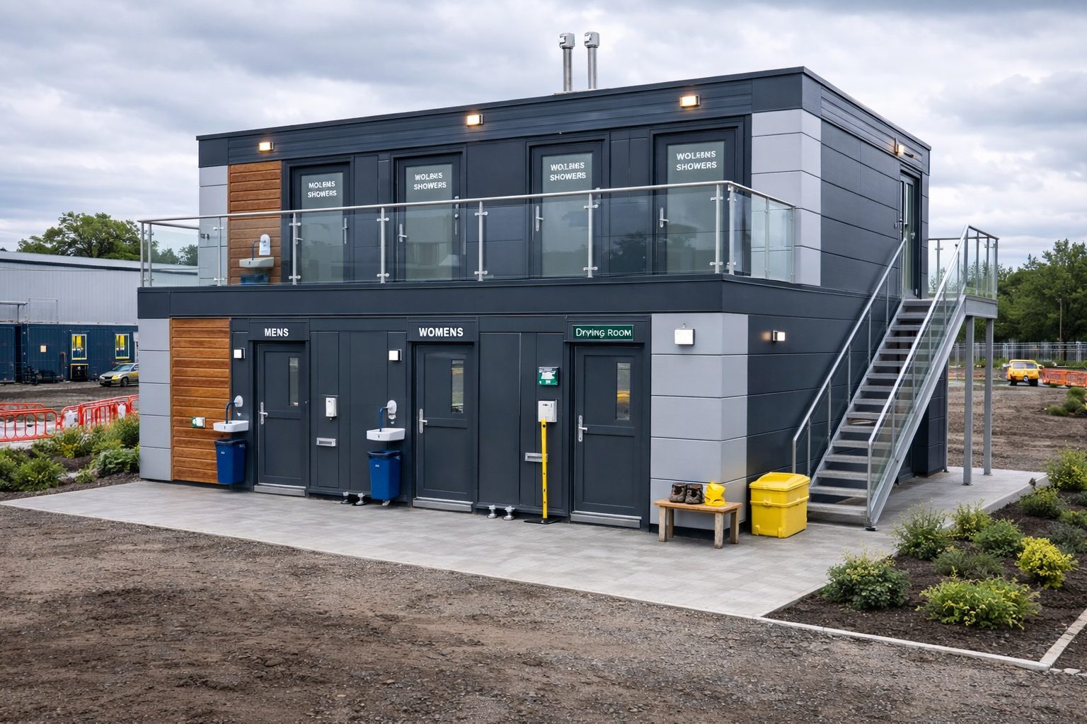 Multi-storey bespoke modular welfare building with composite cladding on a commercial construction site