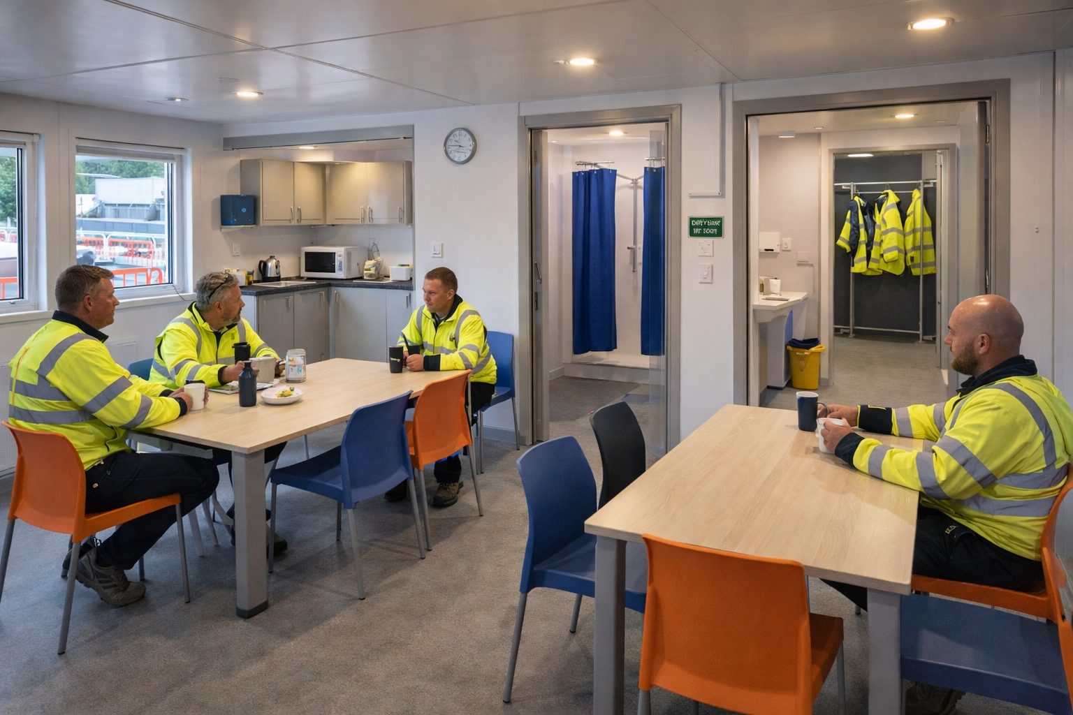 All-in-one combo modular welfare unit showing canteen area with seating, adjacent shower and drying room