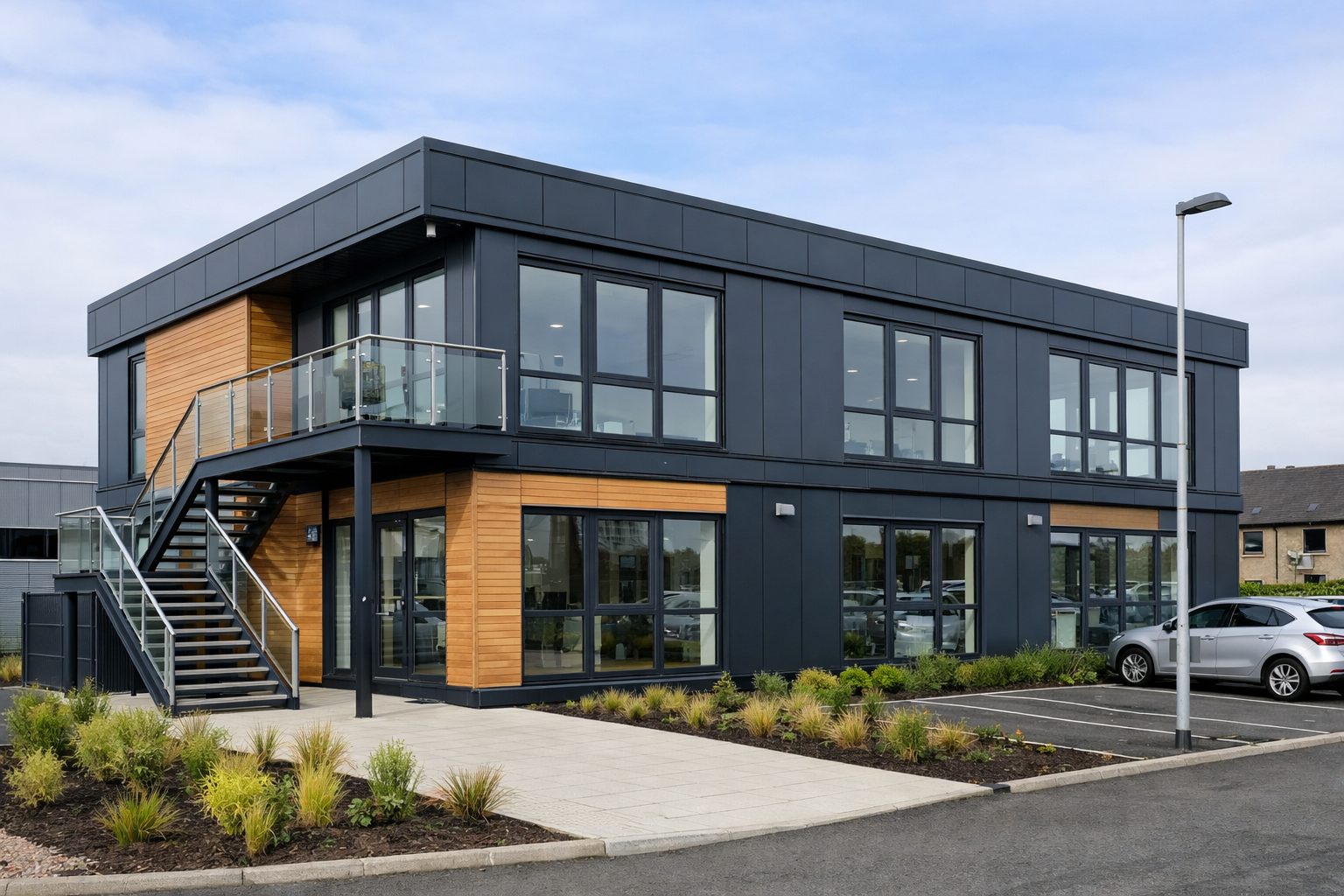 Two-storey office-style building with dark-grey cladding, timber-coloured panels and an external staircase.