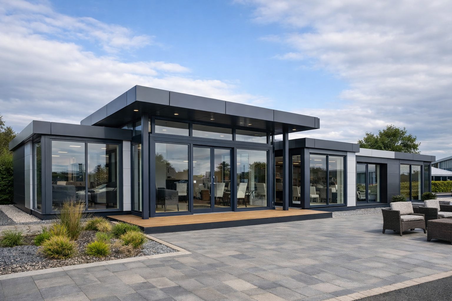 Architectural modular showroom building installed in Norwich, Norfolk