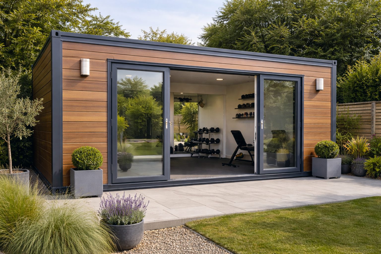 Premium container studio and leisure space conversion with timber composite cladding and full-height glazing by KC Modular Buildings