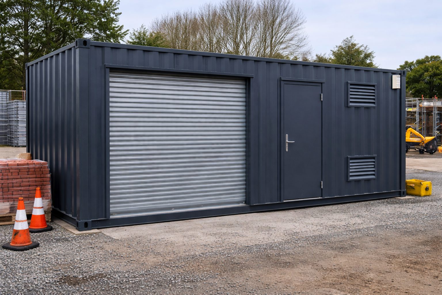 Converted shipping container workshop and secure storage unit with roller shutter door for UK industrial sites