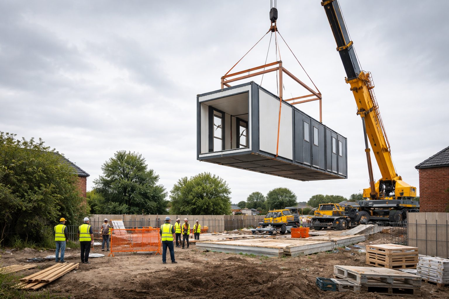 Modular building delivery and installation with crane lifting prefabricated unit into position