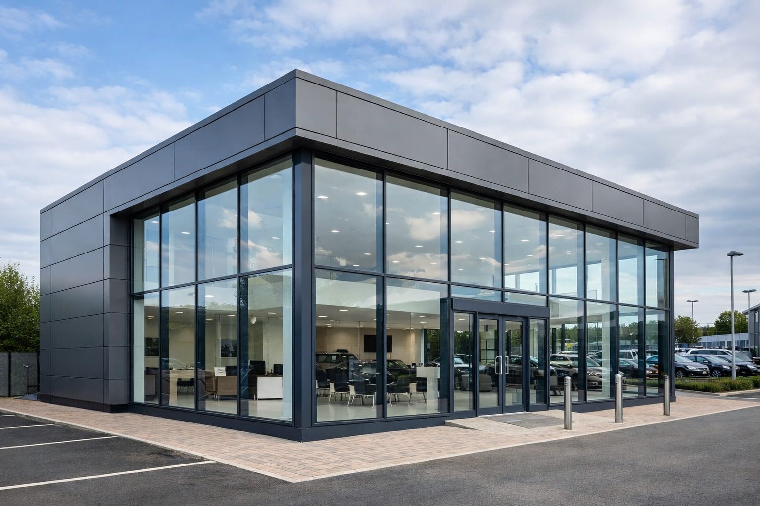 Bespoke steel modular showroom building with full-height glazing in Milton Keynes, Buckinghamshire