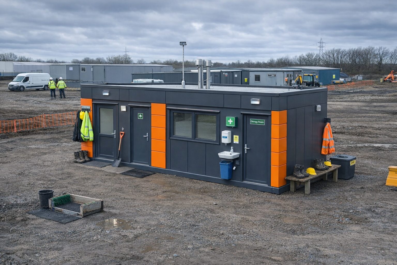 ISO frame modular welfare unit on a UK construction site, steel frame bolt-together cabin with insulated panels