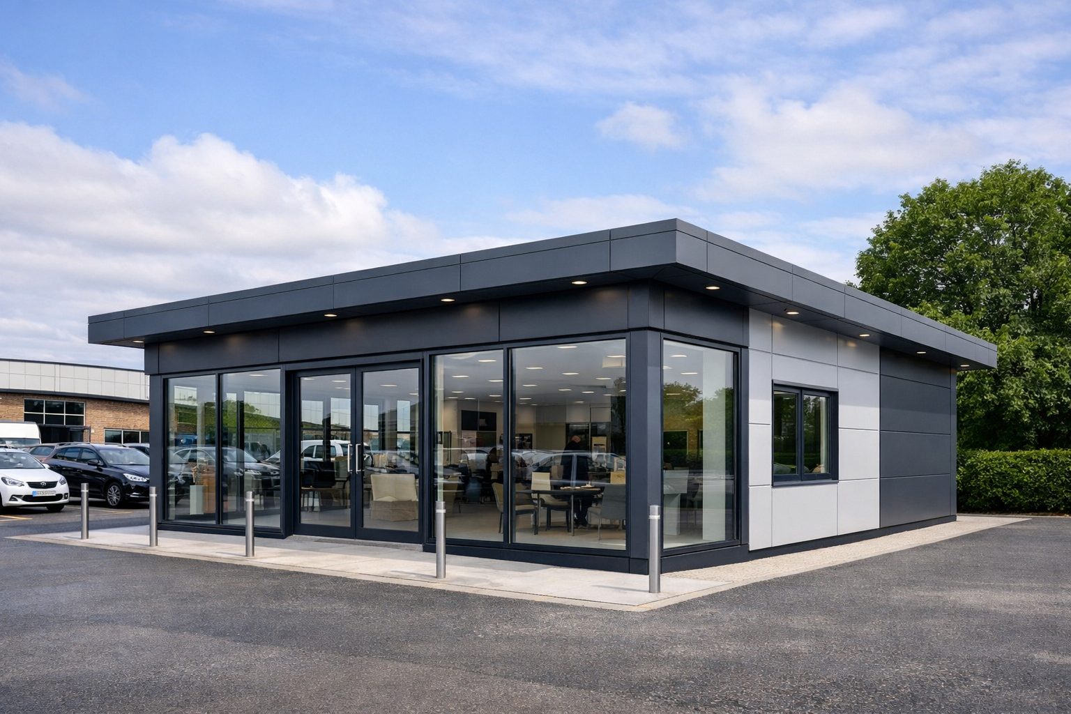 Steel modular commercial showroom with glazed frontage in Reading, Berkshire