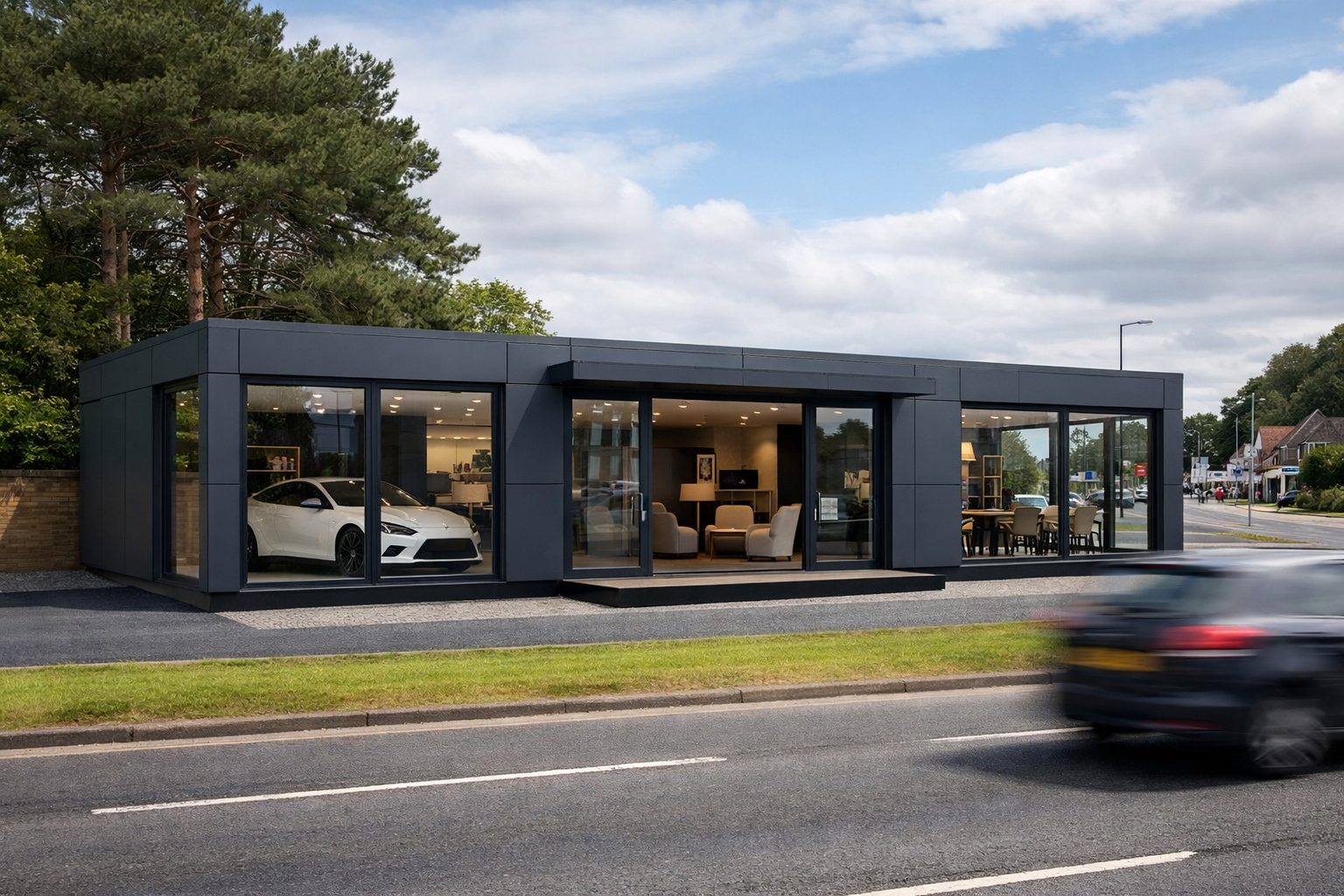 Bespoke modular showroom building positioned in Bournemouth, Dorset