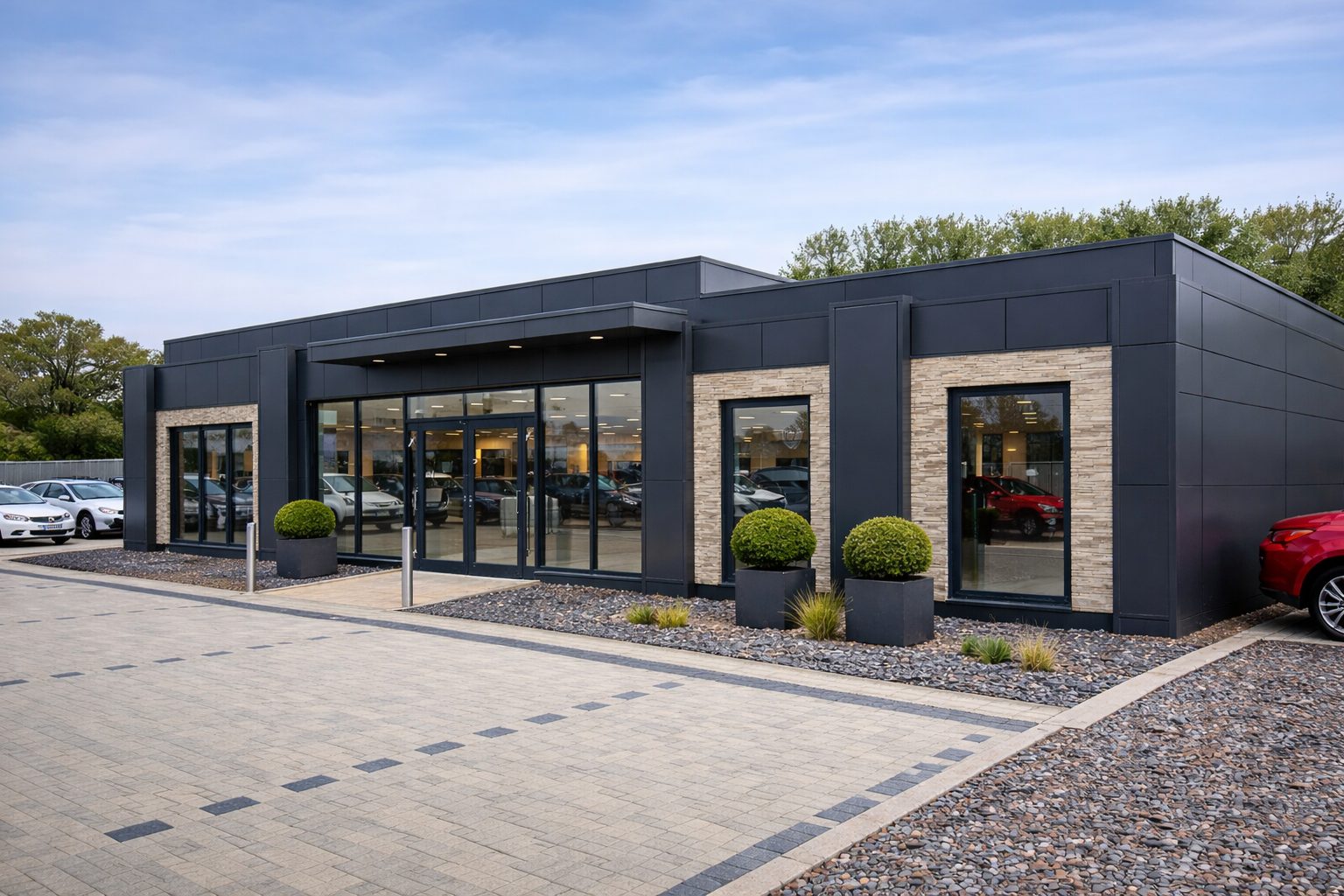 Bespoke modular commercial building UK — custom-designed showroom with anthracite cladding and floor-to-ceiling glazing