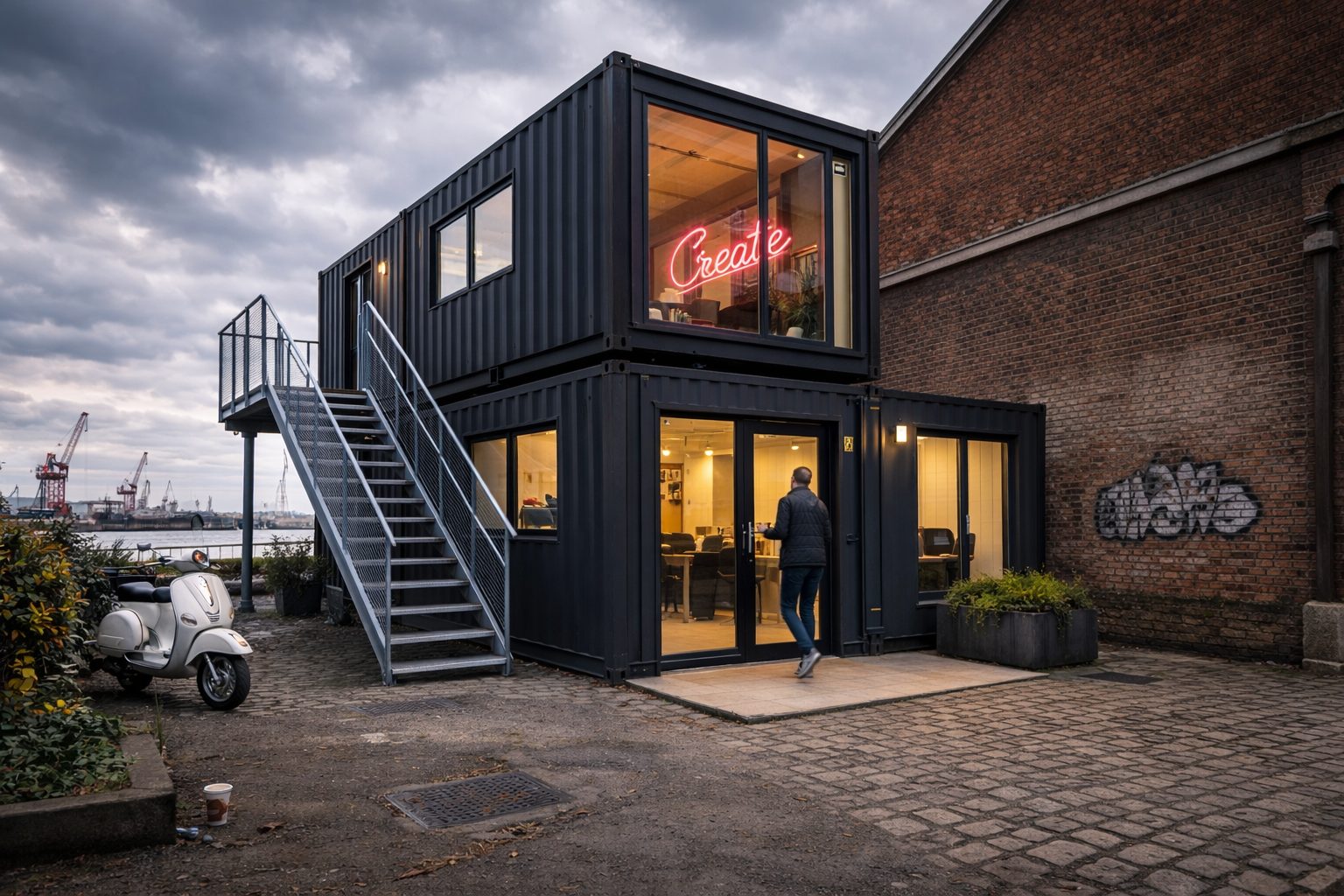 Converted shipping container office — creative agency workspace Liverpool Docks industrial aesthetic