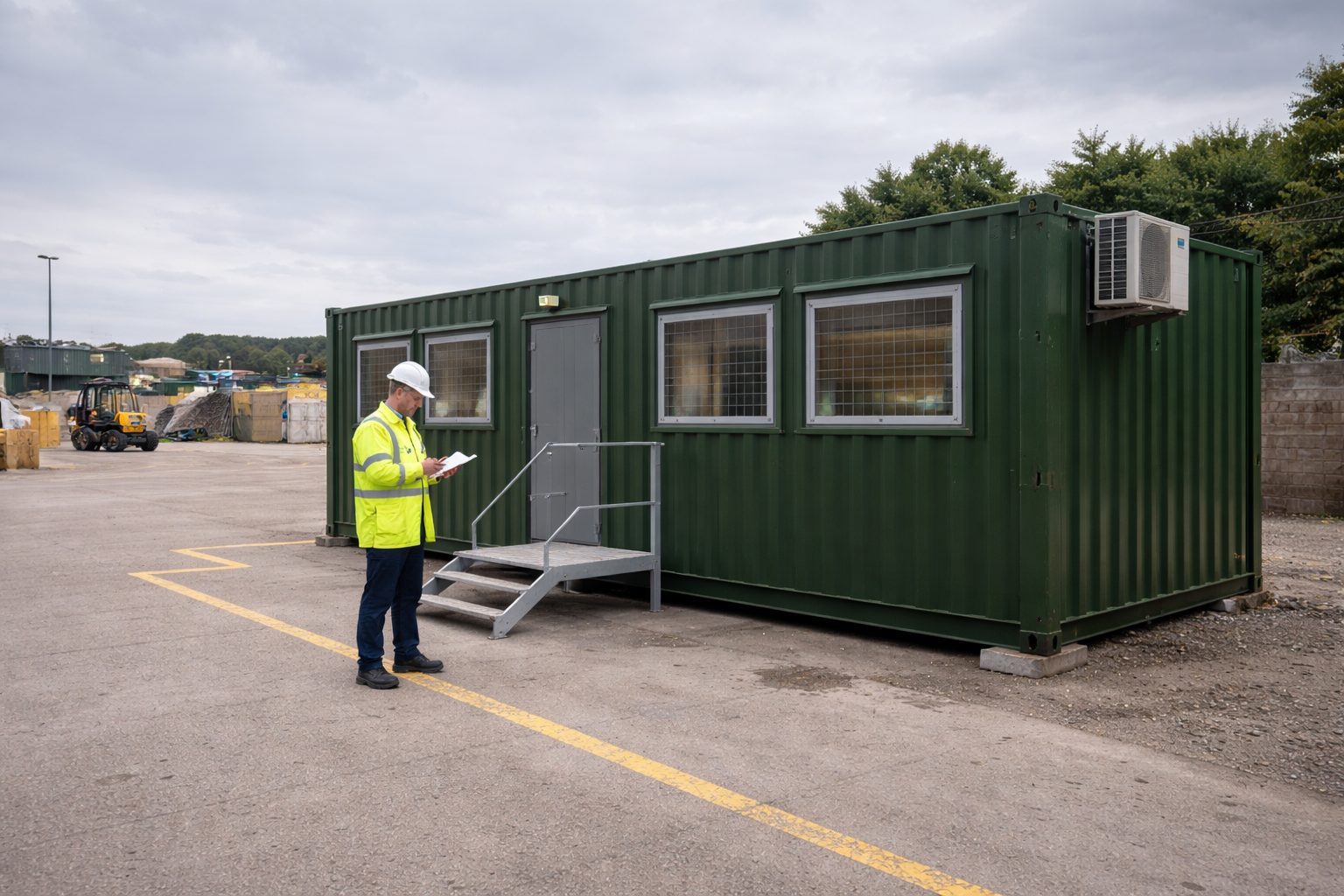 Converted shipping container industrial site office in Sheffield - anti-vandal modular office with double glazing and electric heating