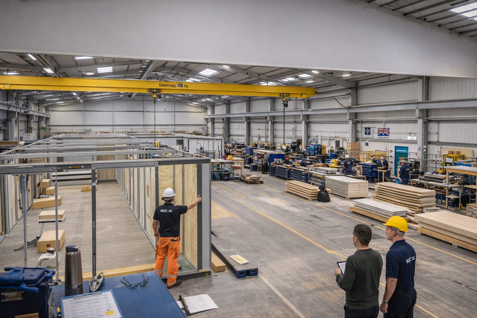 KC Modular Buildings factory tour showing modular building manufacturing process UK
