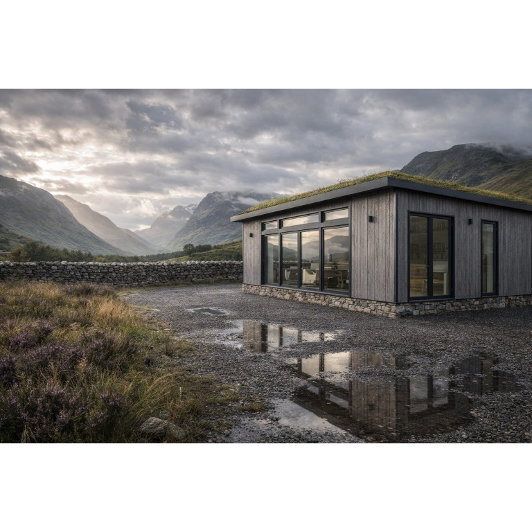 Larch-clad estate office lodge in Scottish Highlands with green sedum roof and mountain views, manufactured by KC Modular Buildings