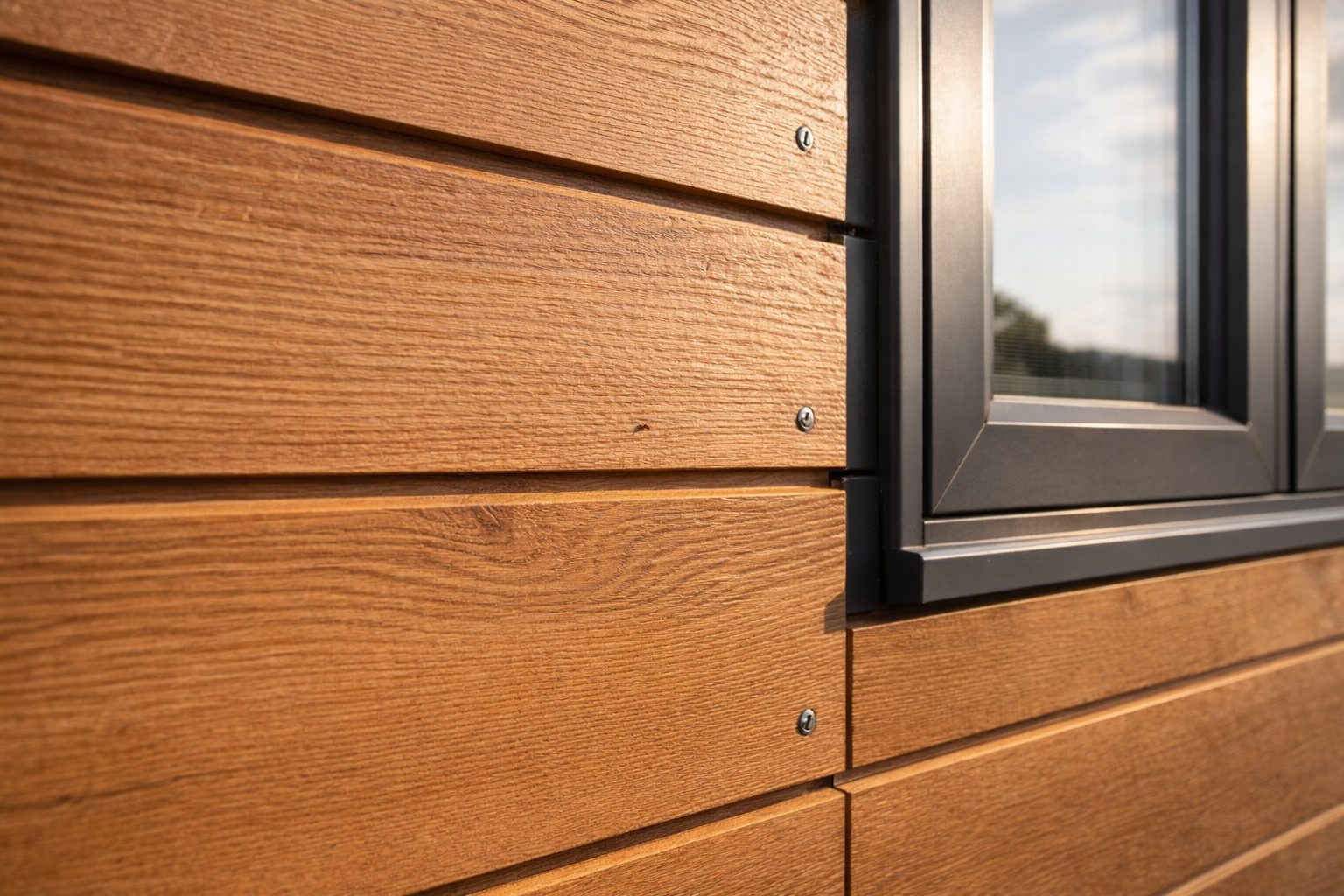 Timber effect facade cladding for ISO frame permanent modular buildings — natural wood appearance, zero maintenance