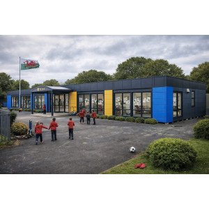 Bespoke modular primary school building with colourful render panels and covered entrance in Swansea, Wales, UK