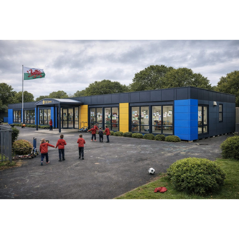 Bespoke modular primary school building with colourful render panels and covered entrance in Swansea, Wales, UK