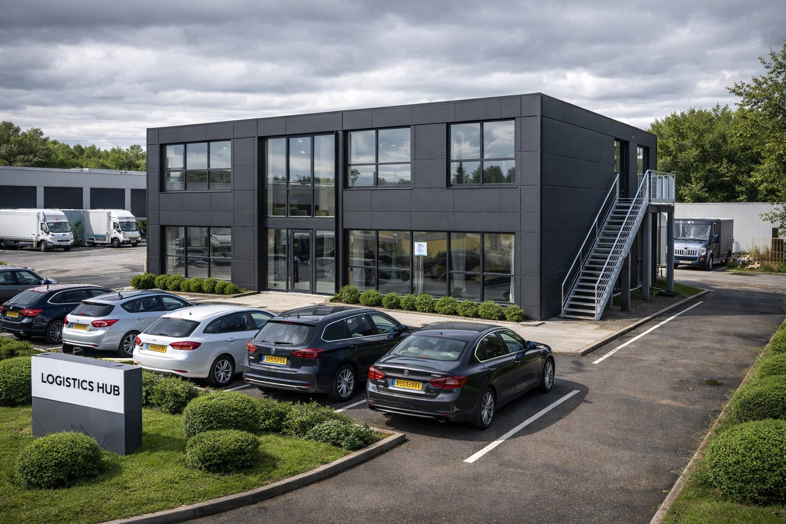 ISO frame permanent modular office — Northampton distribution centre with composite panel facade