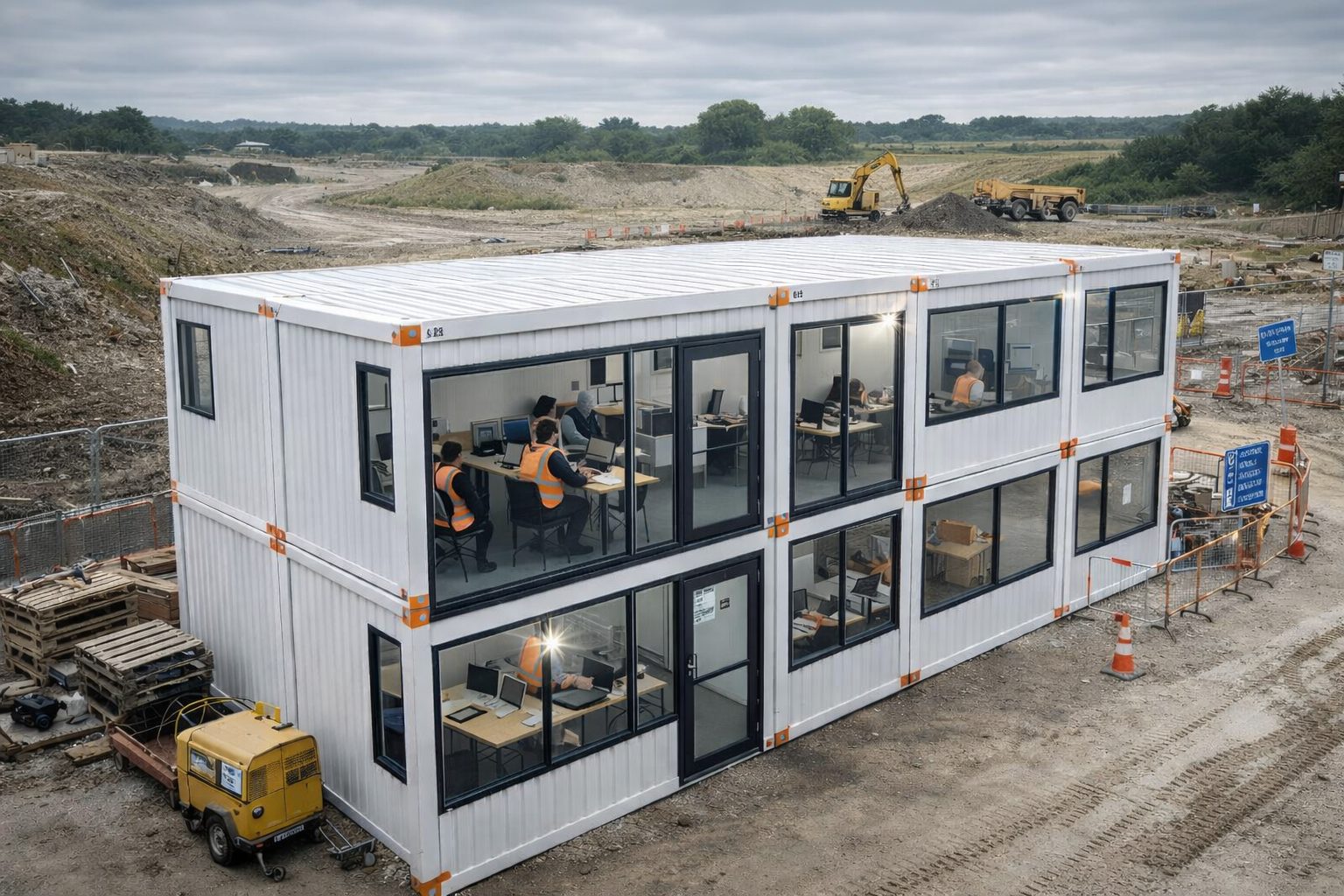 ISO frame temporary container office on Dartford construction site - rapid deployment modular office with steel frame and full insulation